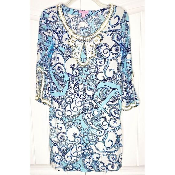 Lilly Pulitzer Sarah Beaded Tunic Dress Spa Blue Shape Up Ship Out XS Coastal - Picture 2 of 7
